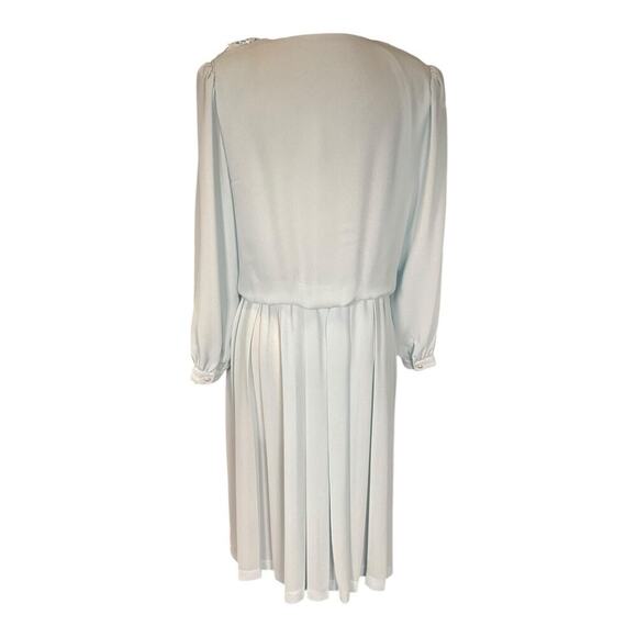 Vintage Light Blue Midi Dress Long Sleeve Elegant Open Lace Collar Shoulder Pads - Picture 5 of 12